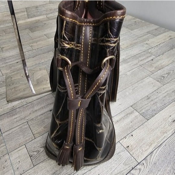 Dooney & Bourke Brown Crocodile Embossed Double Strap Tassel Bag - Picture 5 of 10